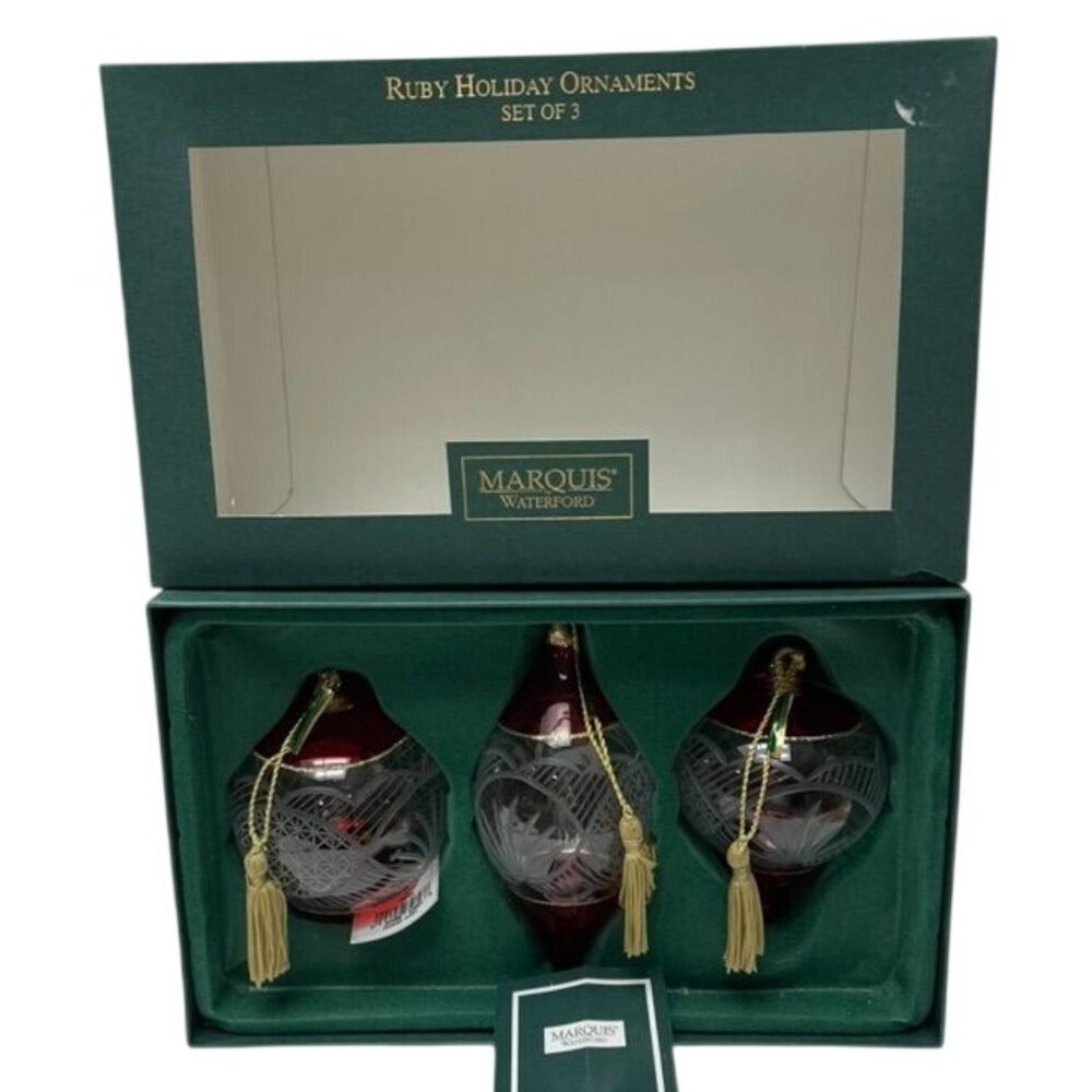 Marquis by Waterford Ruby Holiday Ornaments Set of 3 Cut Crystal Red Clear Glass - Picture 2 of 8